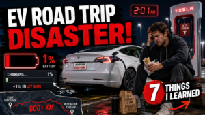 Stressed Tesla Model 3 driver charging an electric car at 2 AM during a difficult 600 km EV road trip with only 1% battery remaining.